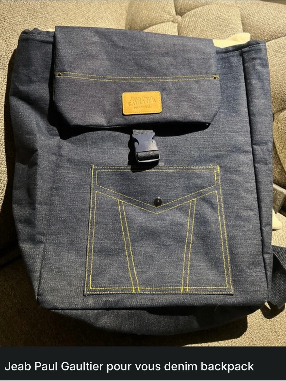 Jean Paul Gaultier Denim Backpack in Dark Blue with Yellow Stitching